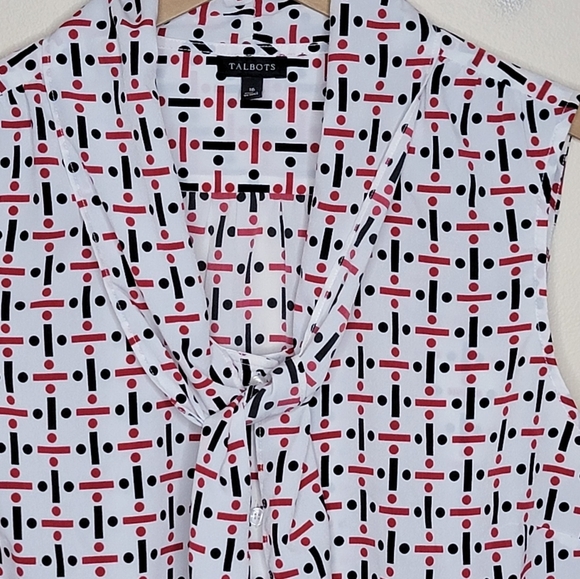 Talbots | White Red Black Print Tie Neck Secretary Tank Blouse Size 16 - Picture 2 of 4